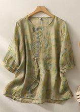 Load image into Gallery viewer, Chinese Style Green Print Tasseled Patchwork Cotton Top Half Sleeve