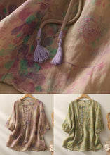 Load image into Gallery viewer, Chinese Style Green Print Tasseled Patchwork Cotton Top Half Sleeve