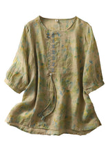 Load image into Gallery viewer, Chinese Style Green Print Tasseled Patchwork Cotton Top Half Sleeve