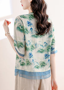 Chinese Style Green Tasseled Print Linen Two Pieces Set Summer