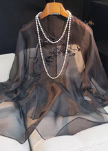 Load image into Gallery viewer, Chinese Style Light Brown Embroidered Tulle Shirt Top Summer