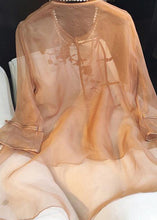 Load image into Gallery viewer, Chinese Style Light Brown Embroidered Tulle Shirt Top Summer