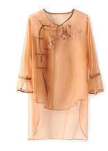 Load image into Gallery viewer, Chinese Style Light Brown Embroidered Tulle Shirt Top Summer