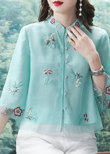 Load image into Gallery viewer, Chinese Style Light Green Stand Collar Embroidered Chiffon Shirts Bracelet Sleeve