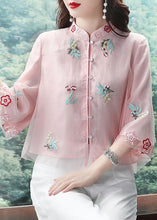 Load image into Gallery viewer, Chinese Style Light Green Stand Collar Embroidered Chiffon Shirts Bracelet Sleeve