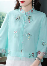 Load image into Gallery viewer, Chinese Style Light Green Stand Collar Embroidered Chiffon Shirts Bracelet Sleeve