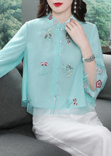 Load image into Gallery viewer, Chinese Style Light Green Stand Collar Embroidered Chiffon Shirts Bracelet Sleeve