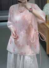 Load image into Gallery viewer, Chinese Style Pink Embroidered Lace Up Tulle Blouses Spring