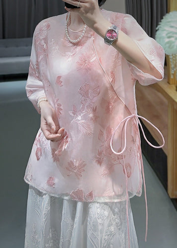 Chinese Style Pink Embroidered Lace Up Tulle Blouses Spring