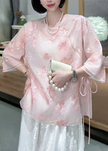 Load image into Gallery viewer, Chinese Style Pink Embroidered Lace Up Tulle Blouses Spring