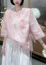 Load image into Gallery viewer, Chinese Style Pink Embroidered Lace Up Tulle Blouses Spring