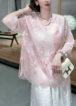 Load image into Gallery viewer, Chinese Style Pink Embroidered Lace Up Tulle Blouses Spring