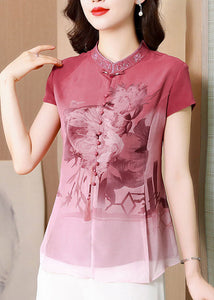 Chinese Style Pink Embroidered Button Patchwork Silk Shirt Tops Summer