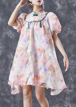 Load image into Gallery viewer, Chinese Style Pink Mandarin Collar Print Silk A Line Dress Puff Sleeve