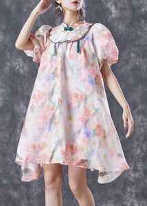 Chinese Style Pink Mandarin Collar Print Silk A Line Dress Puff Sleeve