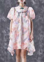 Load image into Gallery viewer, Chinese Style Pink Mandarin Collar Print Silk A Line Dress Puff Sleeve