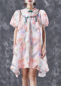 Chinese Style Pink Mandarin Collar Print Silk A Line Dress Puff Sleeve