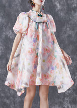 Load image into Gallery viewer, Chinese Style Pink Mandarin Collar Print Silk A Line Dress Puff Sleeve