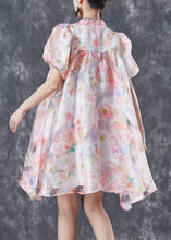 Load image into Gallery viewer, Chinese Style Pink Mandarin Collar Print Silk A Line Dress Puff Sleeve