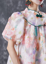 Load image into Gallery viewer, Chinese Style Pink Mandarin Collar Print Silk A Line Dress Puff Sleeve