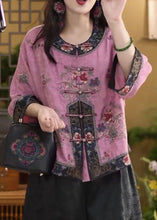 Load image into Gallery viewer, Chinese Style Pink O-Neck Oriental Button Cotton Shirt Tops Summer