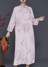 Load image into Gallery viewer, Chinese Style Pink Print Linen Dresses Cheongsam Summer