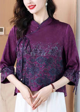 Load image into Gallery viewer, Chinese Style Purple Embroidered Lace Up Silk Shirt Spring