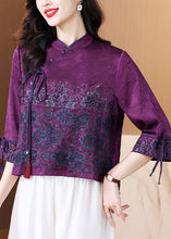 Load image into Gallery viewer, Chinese Style Purple Embroidered Lace Up Silk Shirt Spring