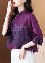 Load image into Gallery viewer, Chinese Style Purple Embroidered Lace Up Silk Shirt Spring