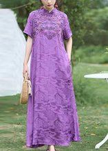 Load image into Gallery viewer, Chinese Style Purple Stand Collar Embroidered Silk Dress Summer