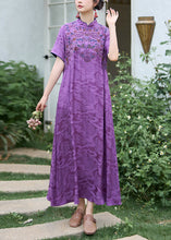 Load image into Gallery viewer, Chinese Style Purple Stand Collar Embroidered Silk Dress Summer