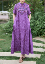 Load image into Gallery viewer, Chinese Style Purple Stand Collar Embroidered Silk Dress Summer