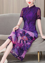 Load image into Gallery viewer, Chinese Style Purple Stand Collar Print Silk Dress Summer