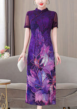 Load image into Gallery viewer, Chinese Style Purple Stand Collar Print Silk Dress Summer