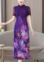 Load image into Gallery viewer, Chinese Style Purple Stand Collar Print Silk Dress Summer