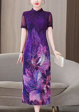 Load image into Gallery viewer, Chinese Style Purple Stand Collar Print Silk Dress Summer