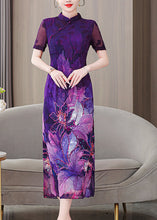 Load image into Gallery viewer, Chinese Style Purple Stand Collar Print Silk Dress Summer