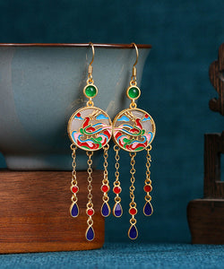 Chinese Style Rainbow Copper Overgild Jade Enamel Tassel Drop Earrings