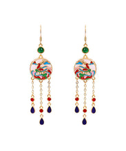 Load image into Gallery viewer, Chinese Style Rainbow Copper Overgild Jade Enamel Tassel Drop Earrings