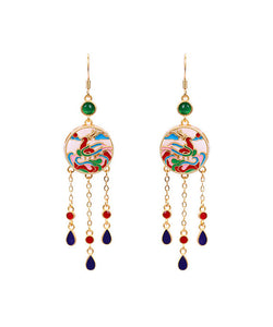 Chinese Style Rainbow Copper Overgild Jade Enamel Tassel Drop Earrings