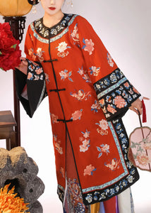 Chinese Style Red Embroidered Button Silk Two Pieces Set Long Sleeve