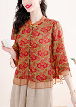 Load image into Gallery viewer, Chinese Style Red Stand Collar Print Patchwork Linen Shirts Summer