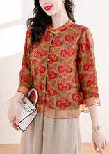 Load image into Gallery viewer, Chinese Style Red Stand Collar Print Patchwork Linen Shirts Summer