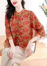 Load image into Gallery viewer, Chinese Style Red Stand Collar Print Patchwork Linen Shirts Summer