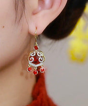 Load image into Gallery viewer, Chinese Style Red Sterling Silver Overgild Zircon Auspicious Clouds Ping Buckle Drop Earrings