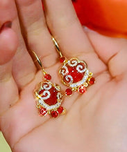 Load image into Gallery viewer, Chinese Style Red Sterling Silver Overgild Zircon Auspicious Clouds Ping Buckle Drop Earrings