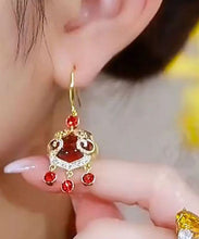 Load image into Gallery viewer, Chinese Style Red Sterling Silver Overgild Zircon Auspicious Clouds Ping Buckle Drop Earrings