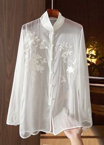 Chinese Style White Embroidered Button Patchwork Tulle Shirt Tops Long Sleeve