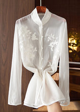 Load image into Gallery viewer, Chinese Style White Embroidered Button Patchwork Tulle Shirt Tops Long Sleeve