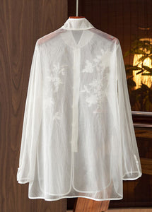 Chinese Style White Embroidered Button Patchwork Tulle Shirt Tops Long Sleeve